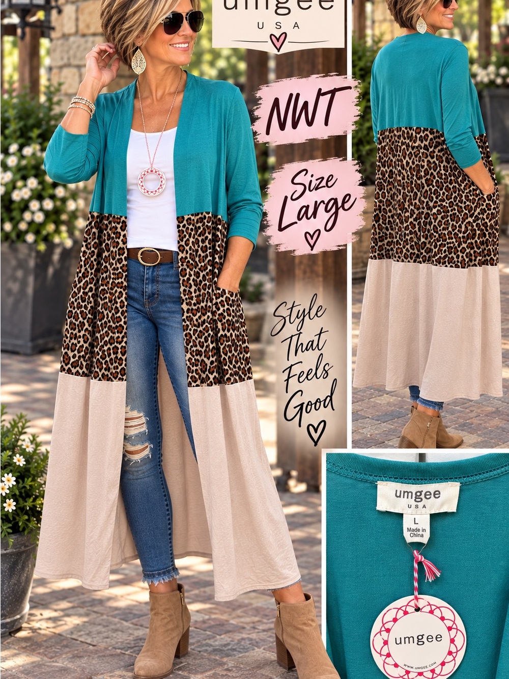 Umgee Teal Leopard-Trim Colorblock Open Cardigan